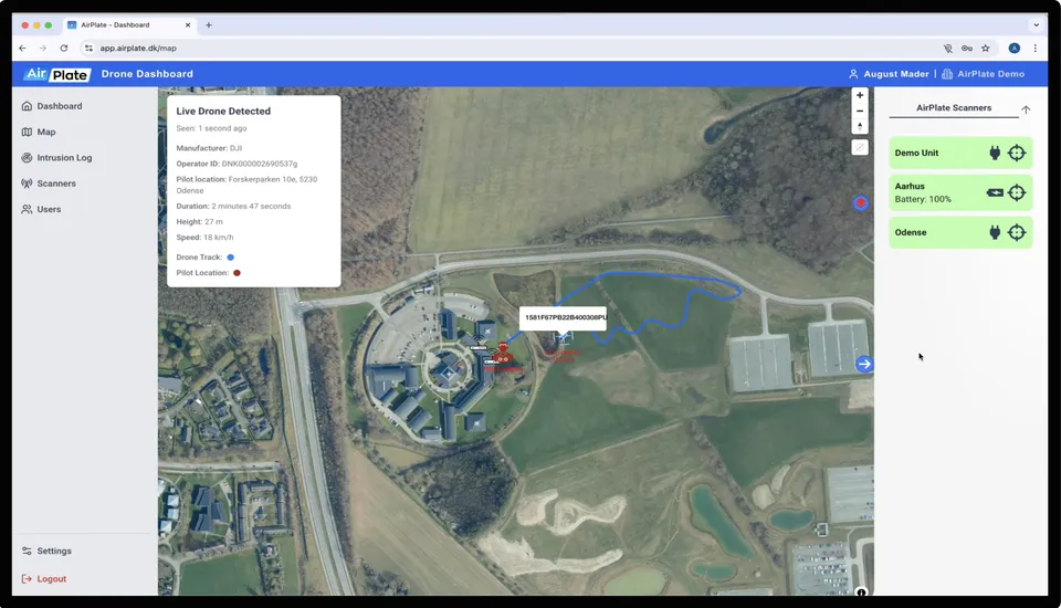 Live drone detection on the AirPlate dashboard