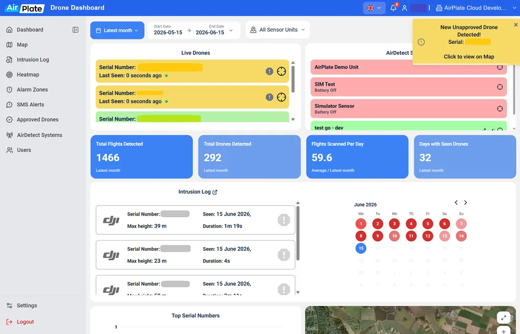 The AirPlate dashboard showing detected drones on the map